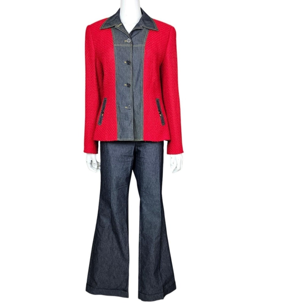Vintage 90s Mondi Womens 40 Red Boucle Knit blazer & Denim Flare Pants SET